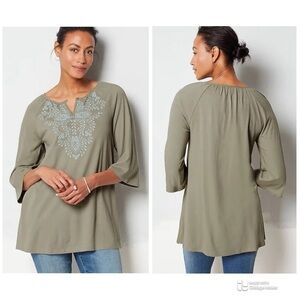 J. Jill Embroidered Green Gray 3/4 Flutter Sleeve Soft Knit Tunic Top Size XS